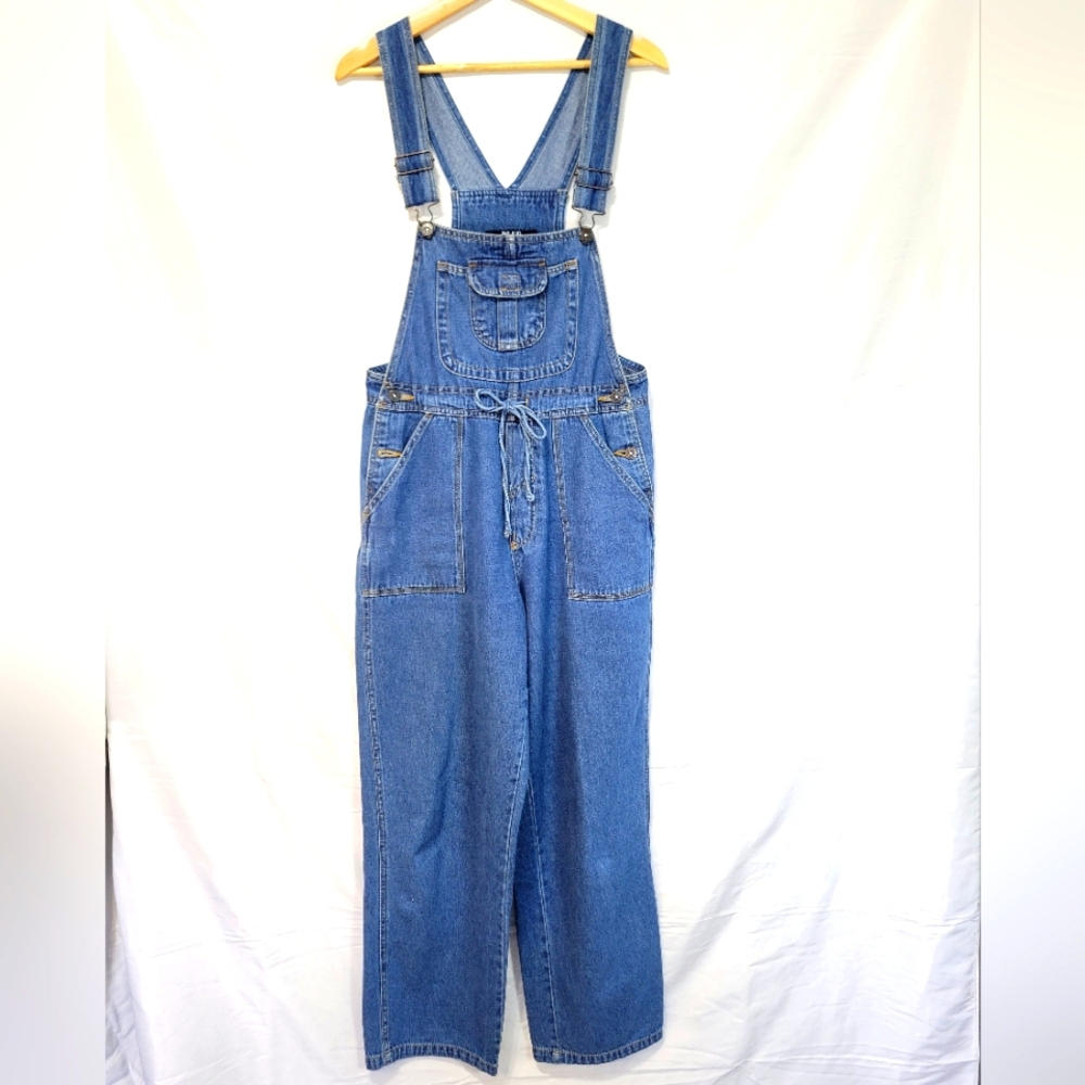 Vintage 90s Y2K Wide Leg Cotton Sapphire Blue Jean Classic Bib-Overalls